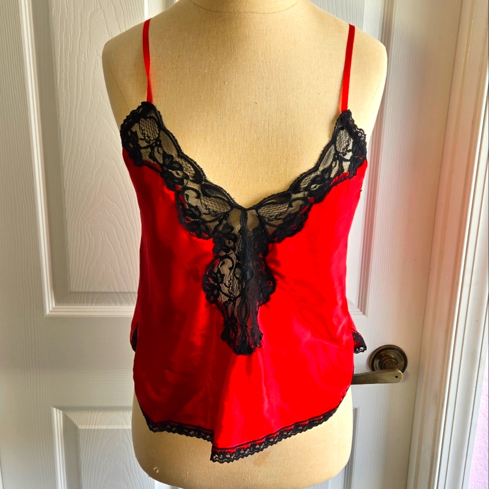 Vintage Red Satin Camisole Top Size S Black Lace Lingerie Made In The USA